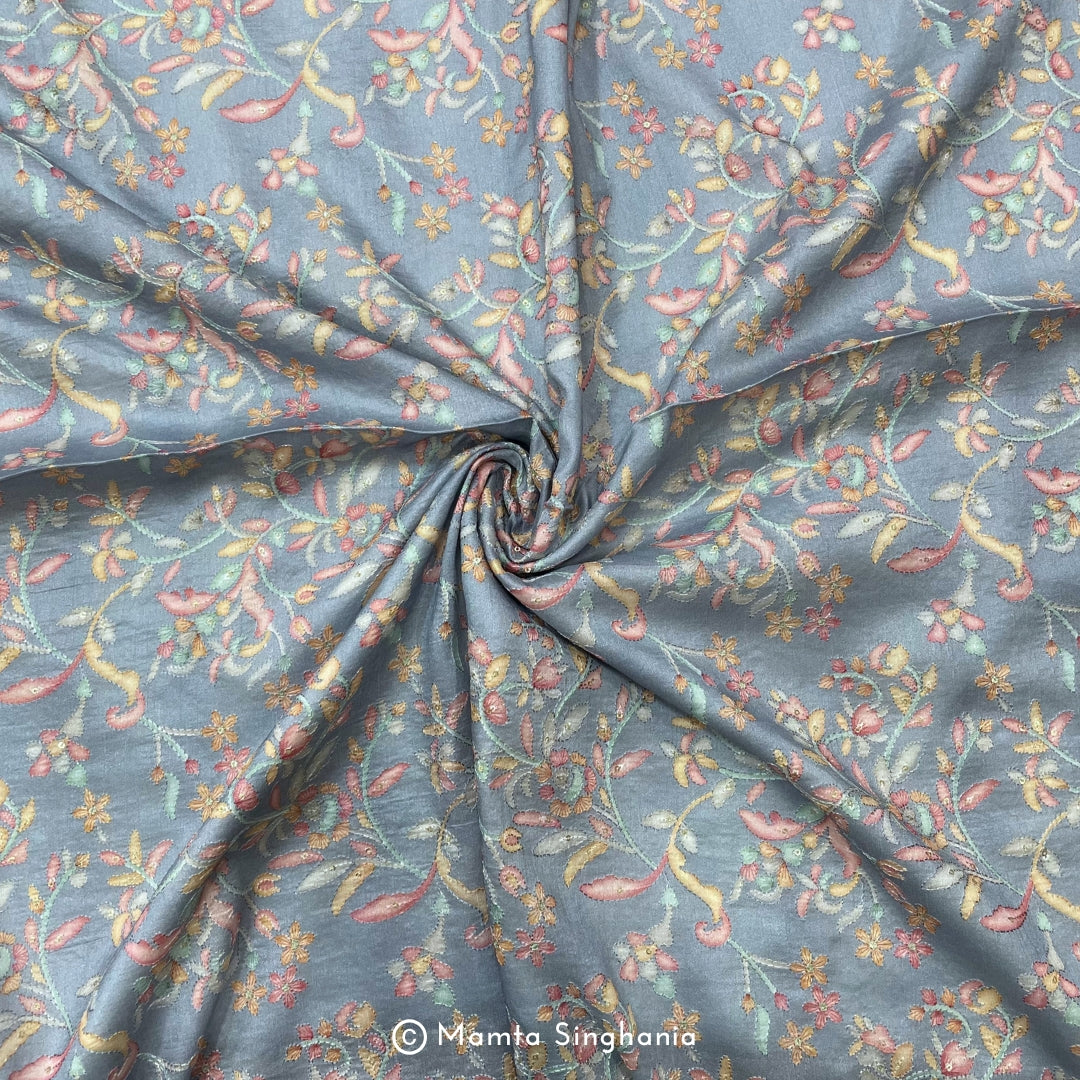 Steel Blue Floral Embroidered Cotton Fabric