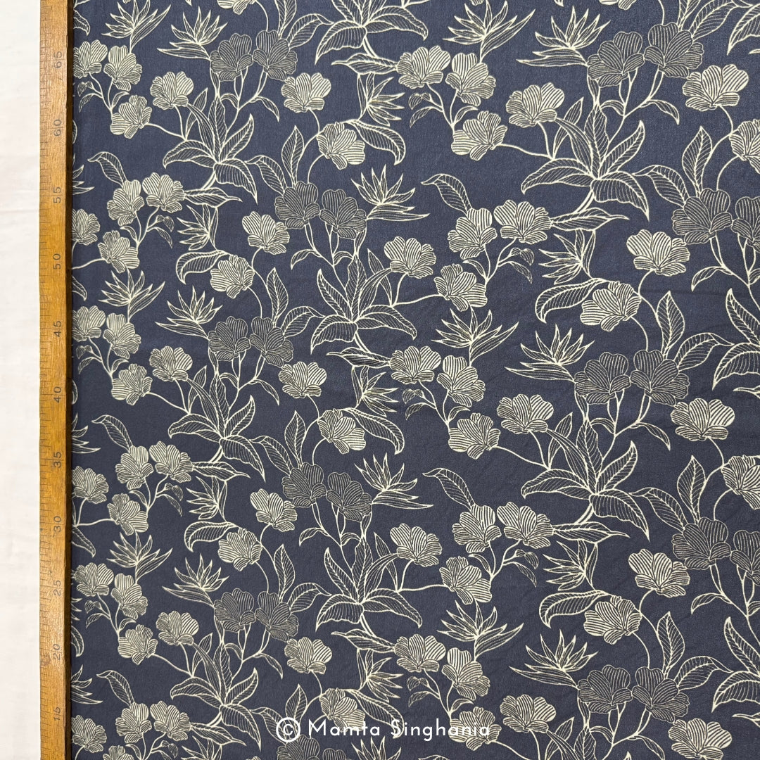 Black Blue Floral Printed Modal Satin