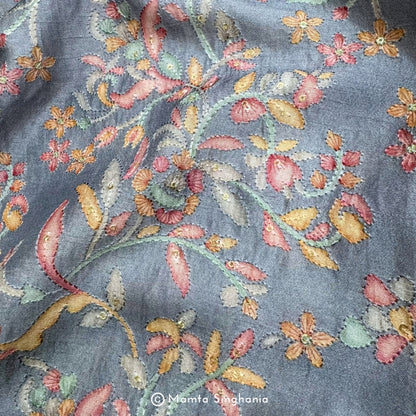 Steel Blue Floral Embroidered Cotton Fabric