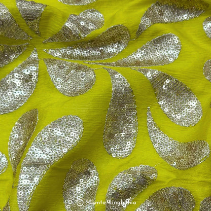 Yellow Leaf Embroidered Chiffon Fabric