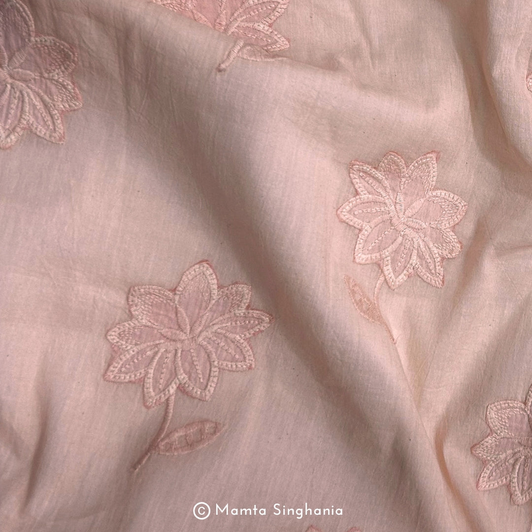 Light Pastel Pink Floral Embroidered Mul Cotton Fabric