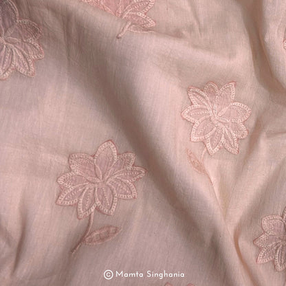 Light Pastel Pink Floral Embroidered Mul Cotton Fabric