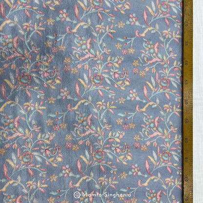 Steel Blue Floral Embroidered Cotton Fabric