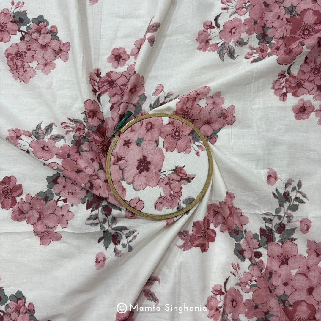 White Floral Printed Cotton Fabric