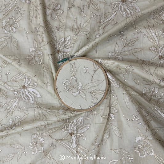 Beige Floral Embroidered Mul Cotton Fabric