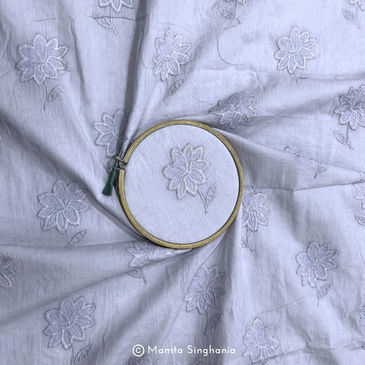 Light Pastel Blue Floral Embroidered Mul Cotton Fabric