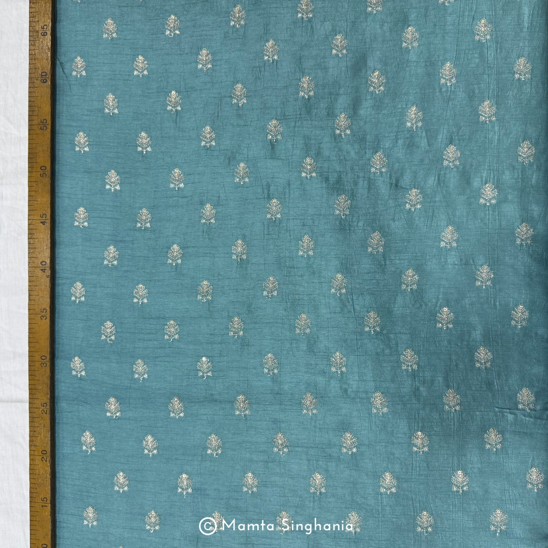 Teal Blue Floral Embroidered Raw Silk Fabric