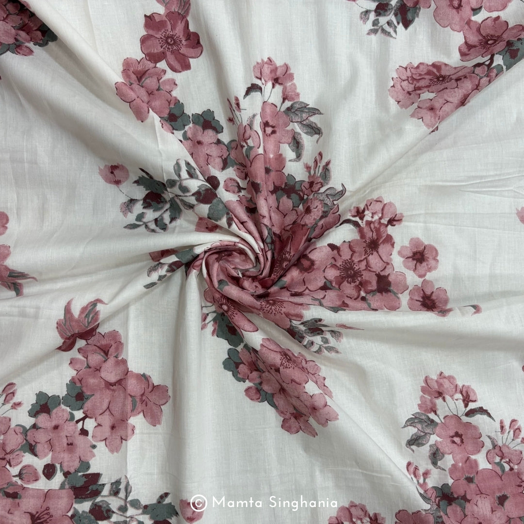 White Floral Printed Cotton Fabric