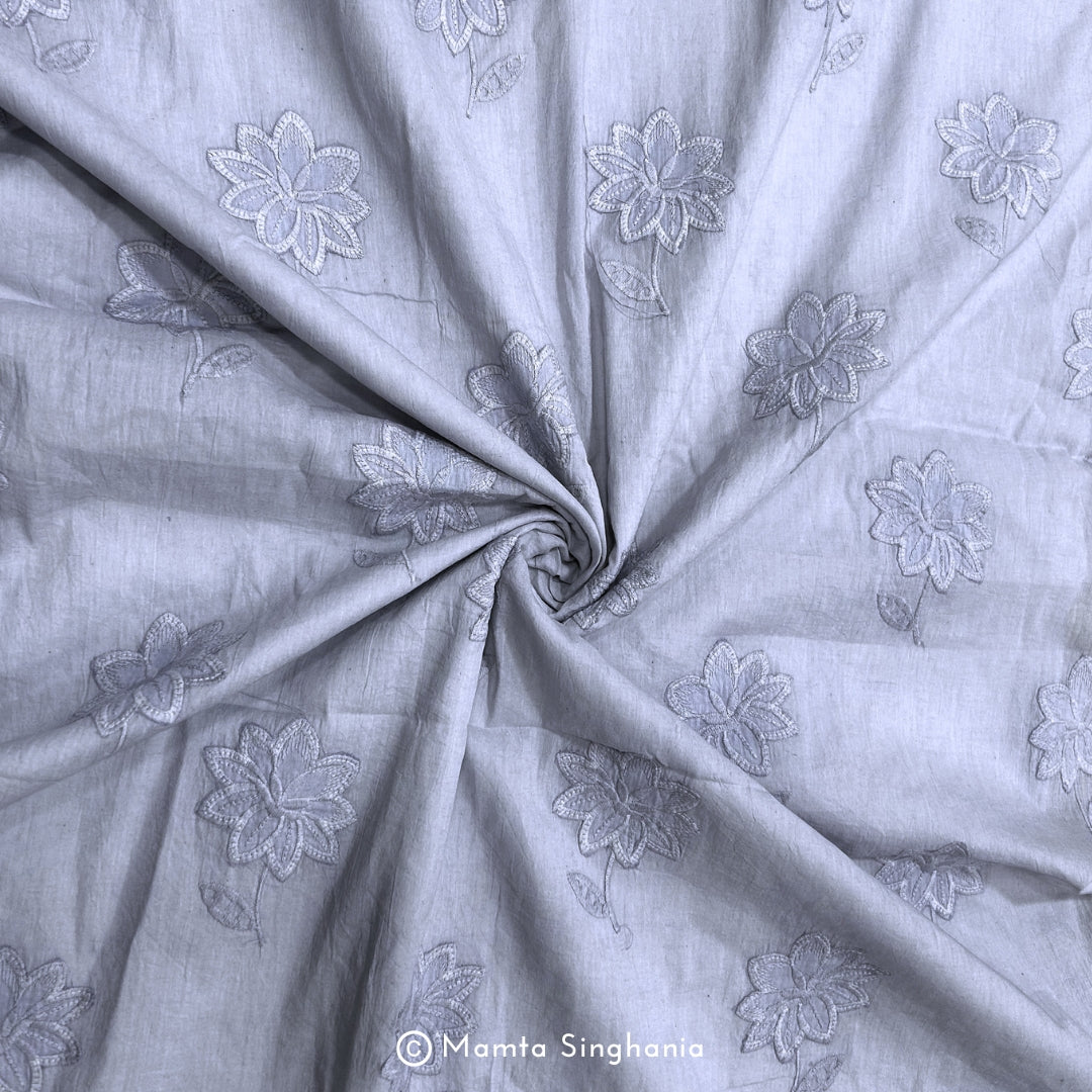 Light Pastel Blue Floral Embroidered Mul Cotton Fabric