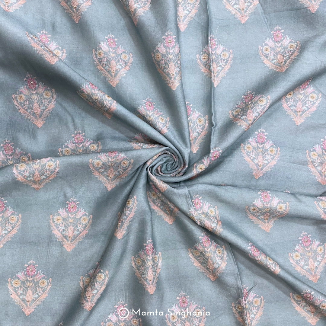 Sky Blue Floral Embroidered Cotton Fabric