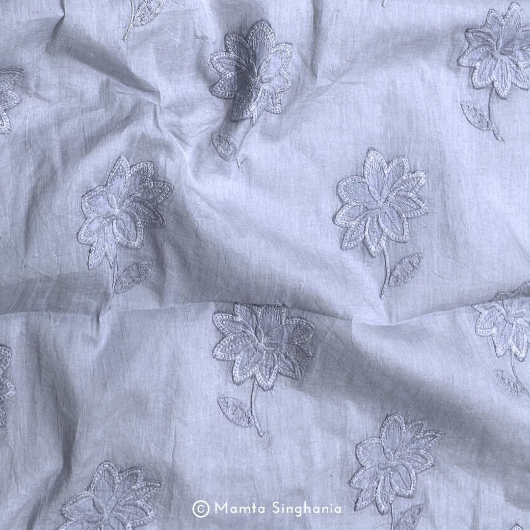 Light Pastel Blue Floral Embroidered Mul Cotton Fabric
