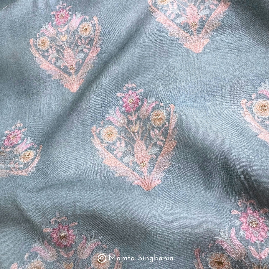 Sky Blue Floral Embroidered Cotton Fabric