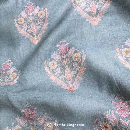 Sky Blue Floral Embroidered Cotton Fabric