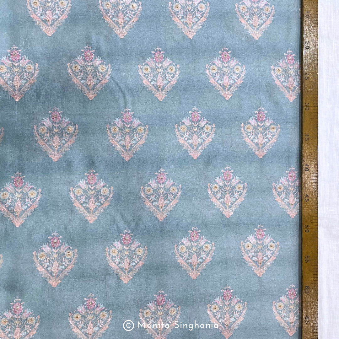 Sky Blue Floral Embroidered Cotton Fabric