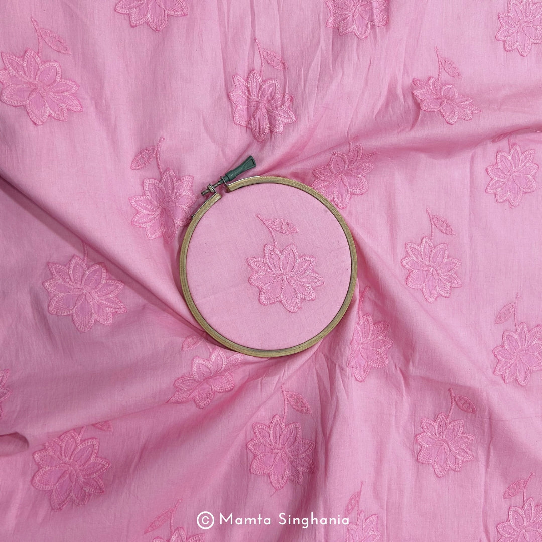 Pink Floral Embroidered Mul Cotton Fabric