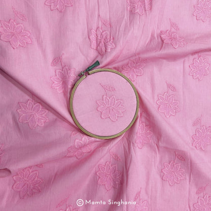 Pink Floral Embroidered Mul Cotton Fabric