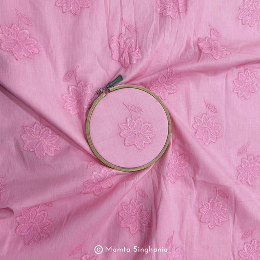 Pink Floral Embroidered Mul Cotton Fabric