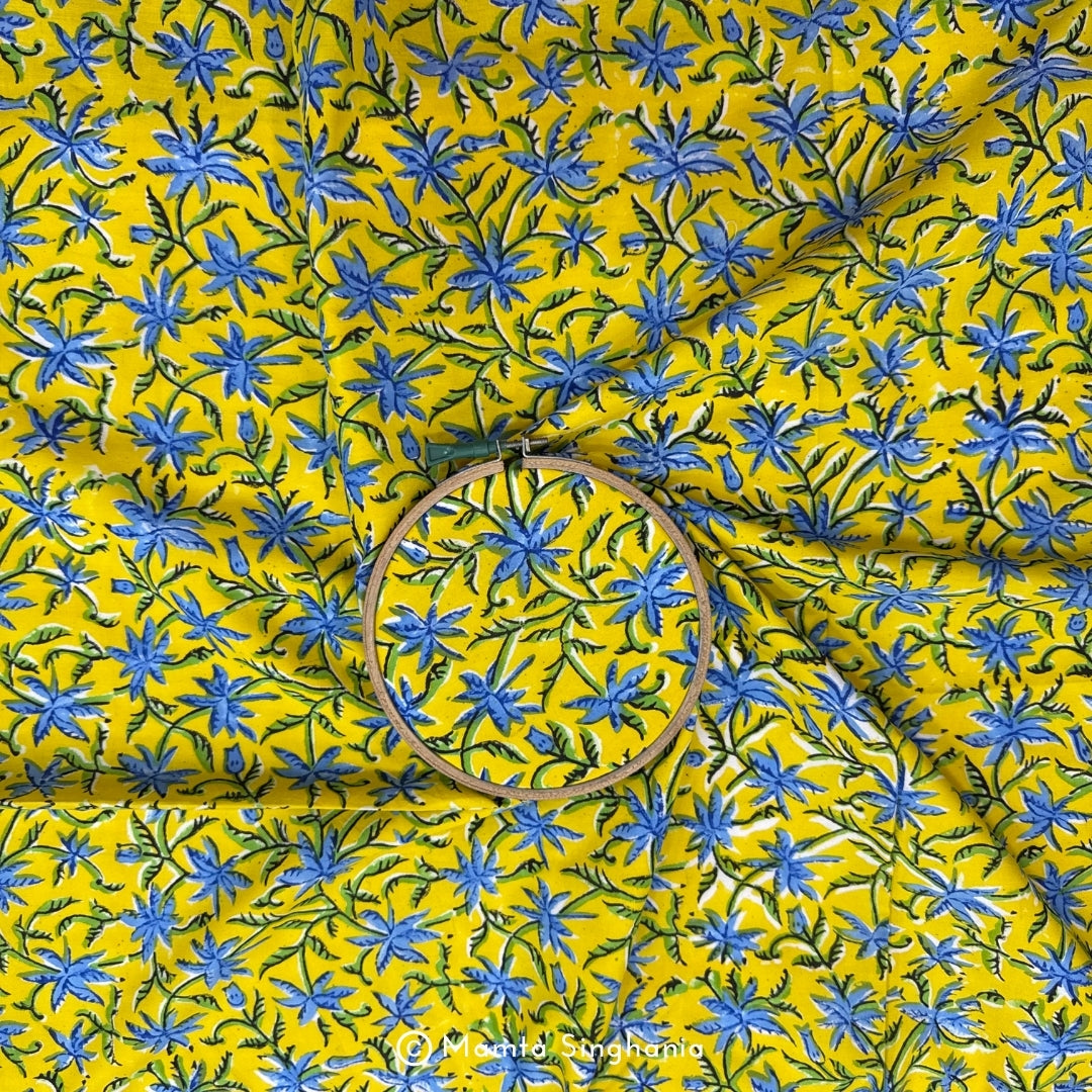 Yellow Blue Floral Printed Cotton Fabric