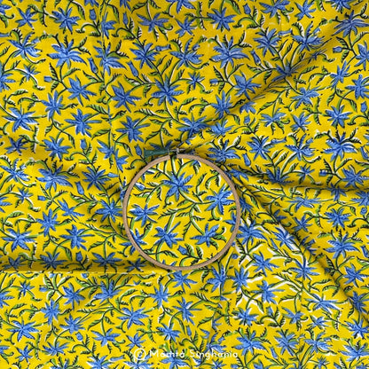 Yellow Blue Floral Printed Cotton Fabric
