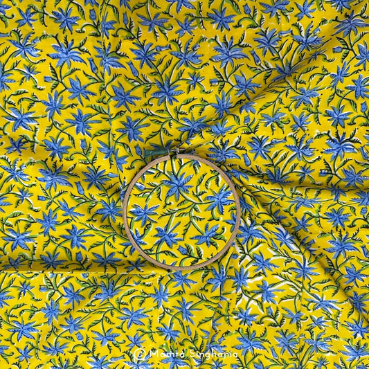 Yellow Blue Floral Printed Cotton Fabric