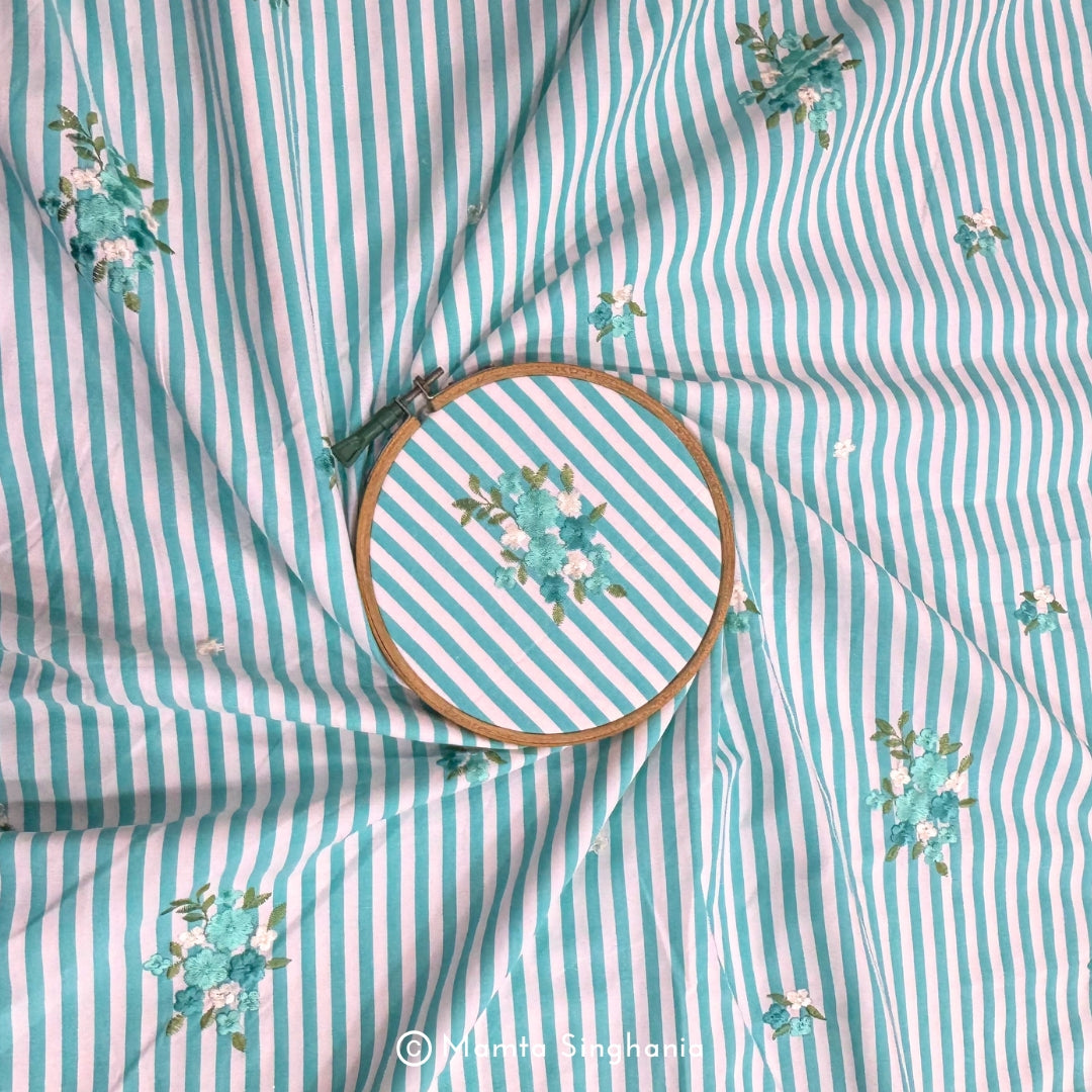 Blue Floral Embroidered Mul Cotton Fabric 56"