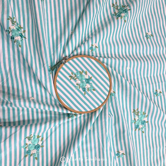 Blue Floral Embroidered Mul Cotton Fabric 56"