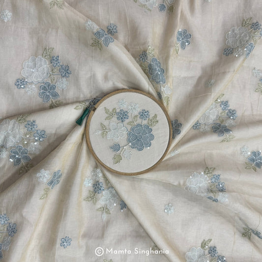 Blue Floral Embroidered Tissue Fabric