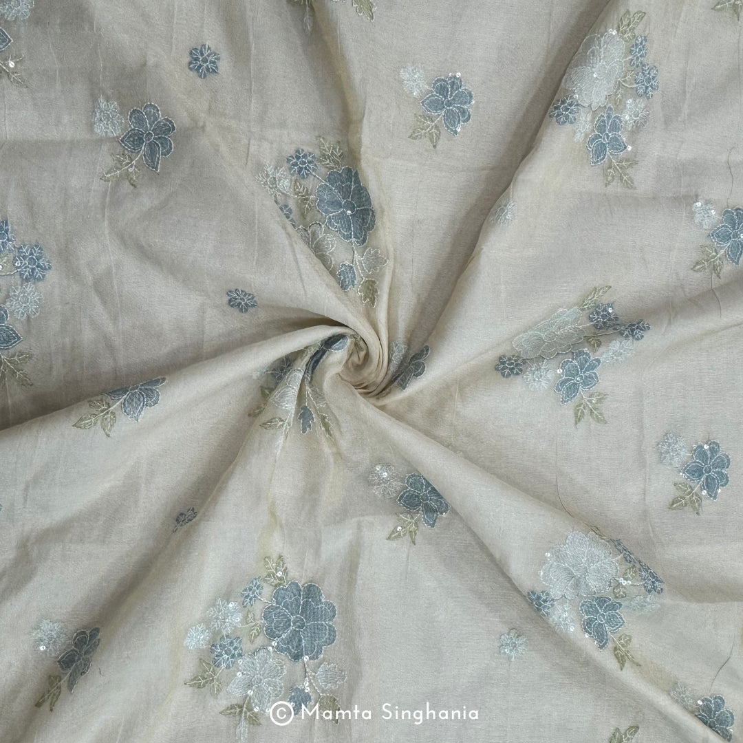 Blue Floral Embroidered Tissue Fabric