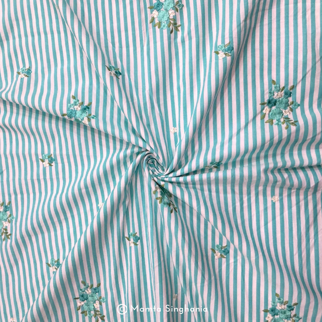 Blue Floral Embroidered Mul Cotton Fabric 56"