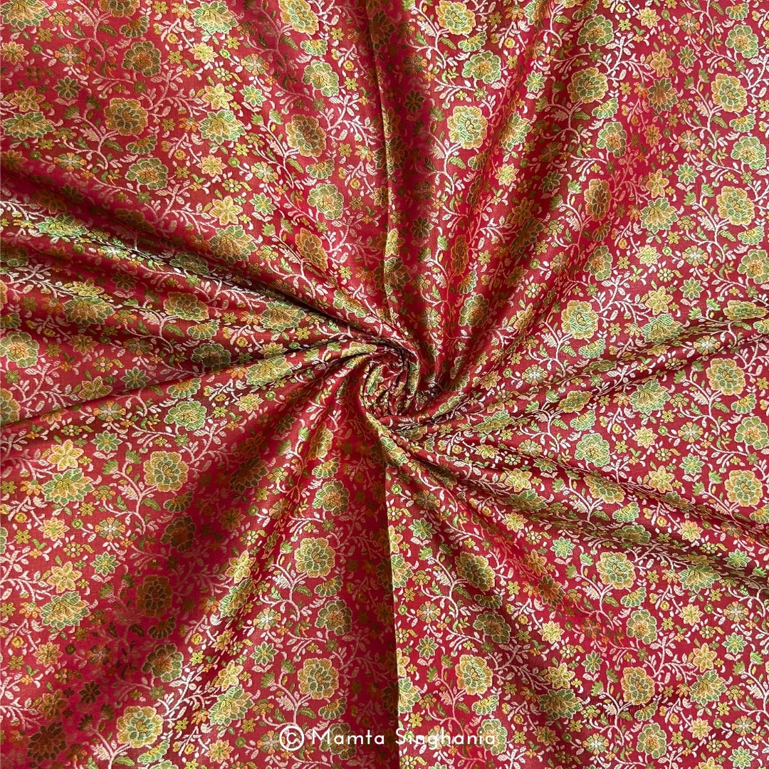 Red Floral Banarasi Brocade Katan Silk Fabric