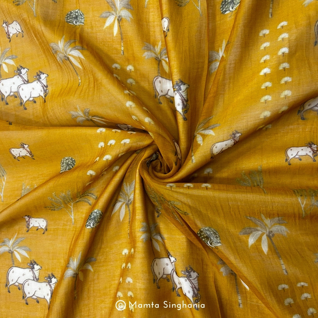 Mustard Floral Fauna Pichwai Printed Mul Chanderi Fabric