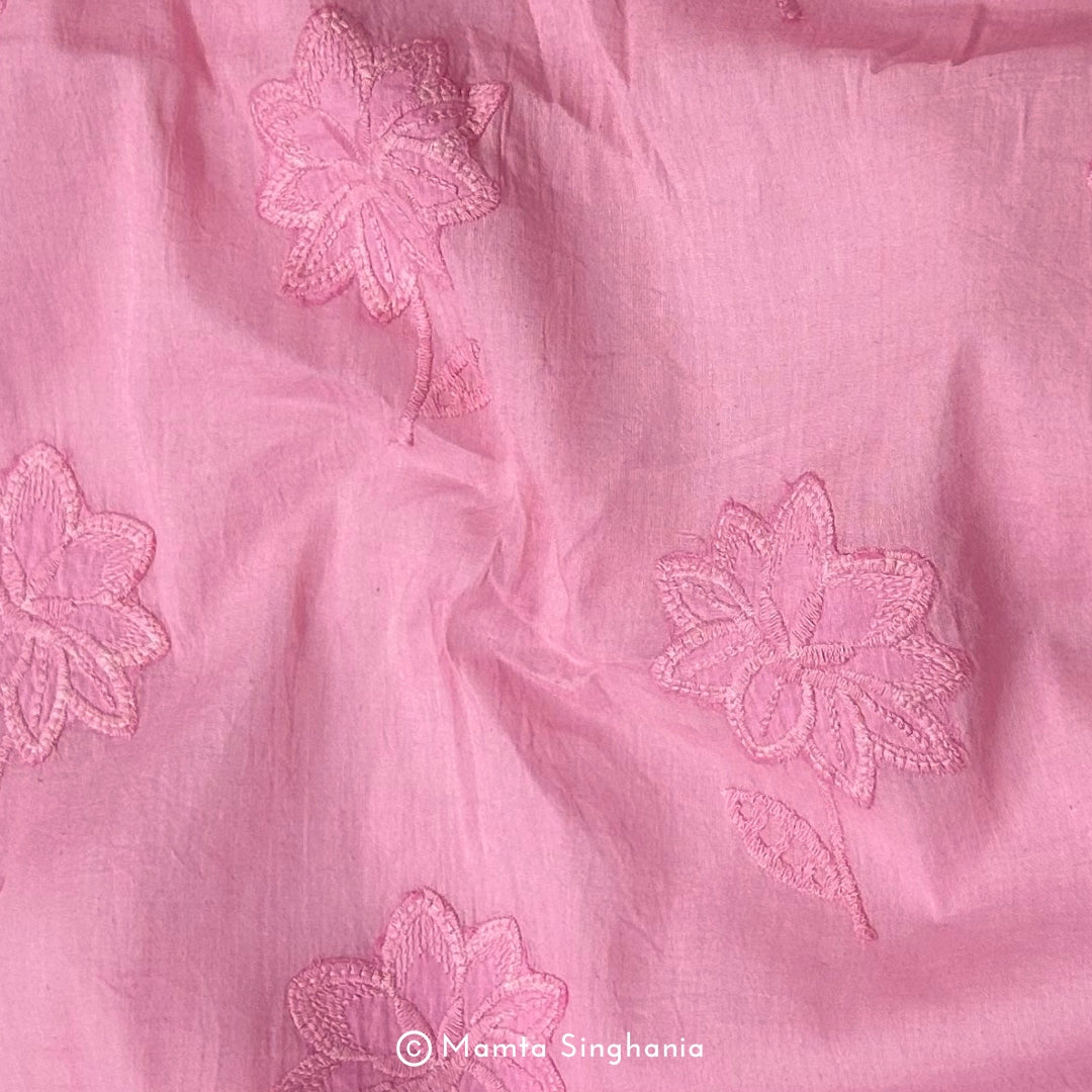 Pink Floral Embroidered Mul Cotton Fabric