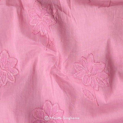Pink Floral Embroidered Mul Cotton Fabric