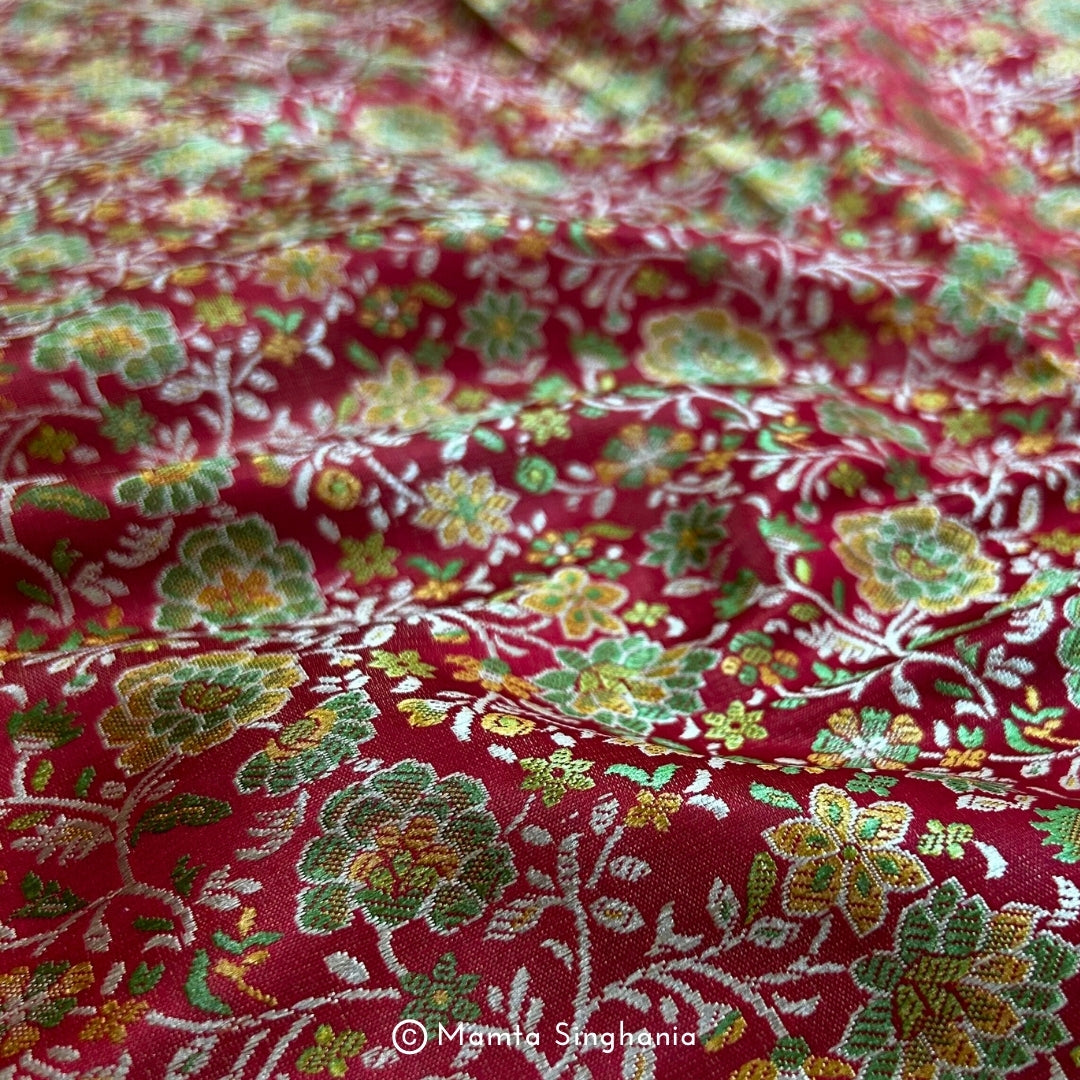 Red Floral Banarasi Brocade Katan Silk Fabric