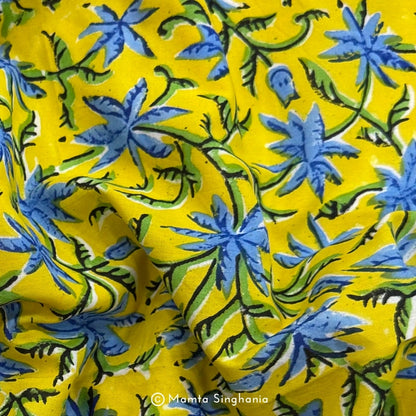 Yellow Blue Floral Printed Cotton Fabric