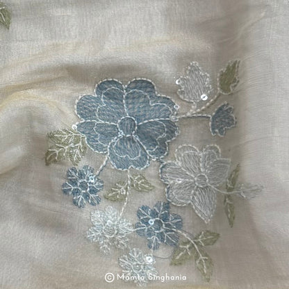 Blue Floral Embroidered Tissue Fabric