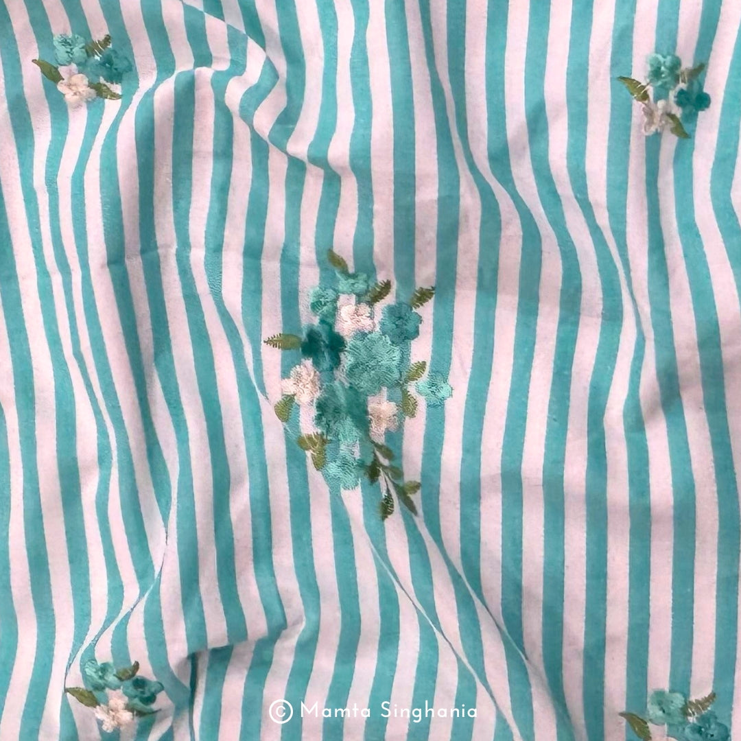 Blue Floral Embroidered Mul Cotton Fabric 56"