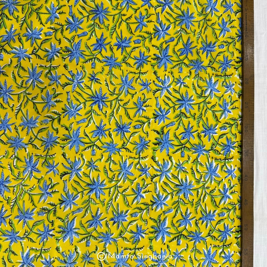 Yellow Blue Floral Printed Cotton Fabric