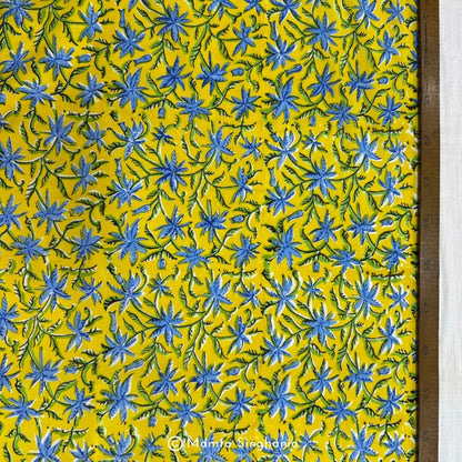 Yellow Blue Floral Printed Cotton Fabric