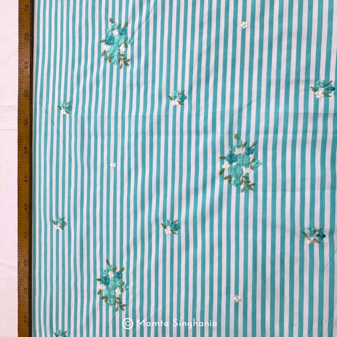 Blue Floral Embroidered Mul Cotton Fabric 56"