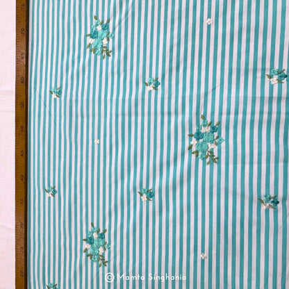 Blue Floral Embroidered Mul Cotton Fabric 56"