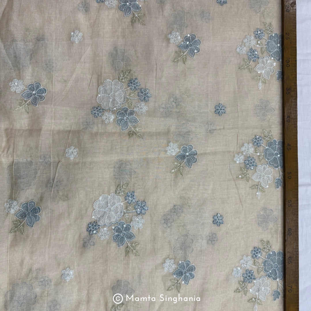 Blue Floral Embroidered Tissue Fabric