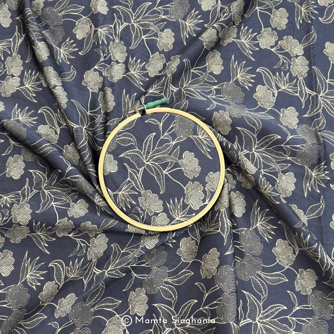 Black Blue Floral Printed Modal Satin