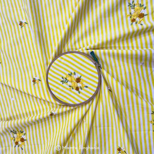 Yellow Floral Embroidered Mul Cotton Fabric 56"