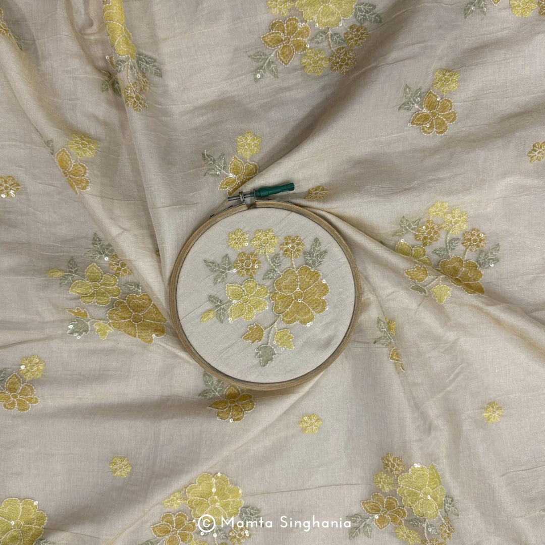 Yellow Floral Embroidered Tissue Fabric