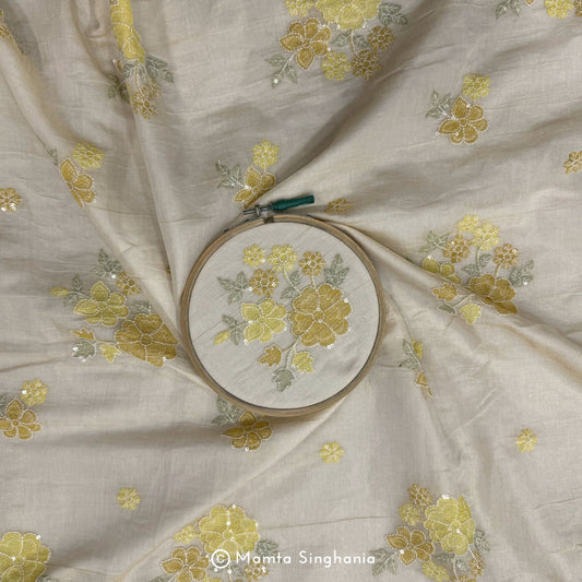 Yellow Floral Embroidered Tissue Fabric