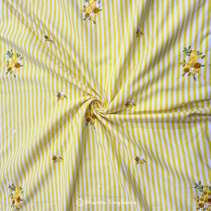 Yellow Floral Embroidered Mul Cotton Fabric 56"
