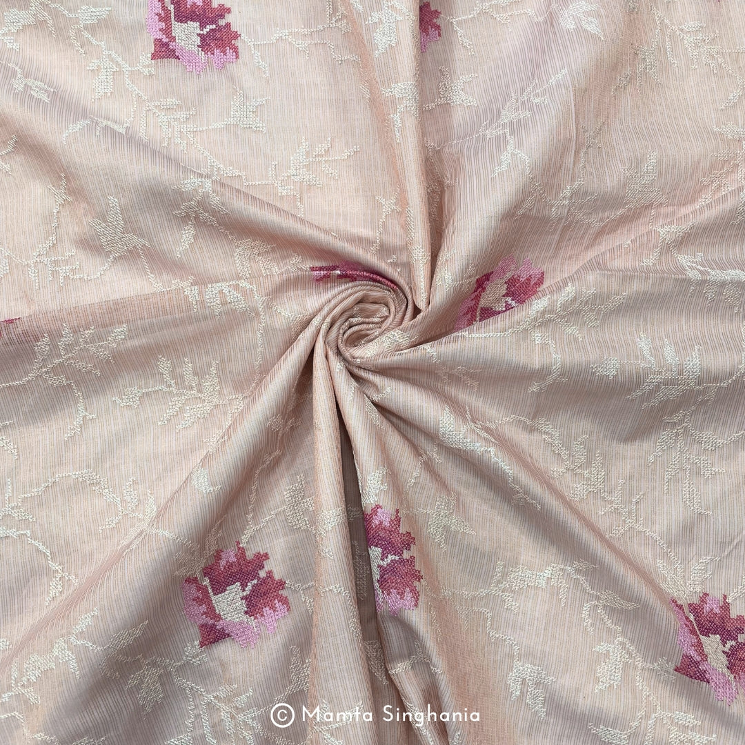 Pink Floral Embroidered Kota Fabric