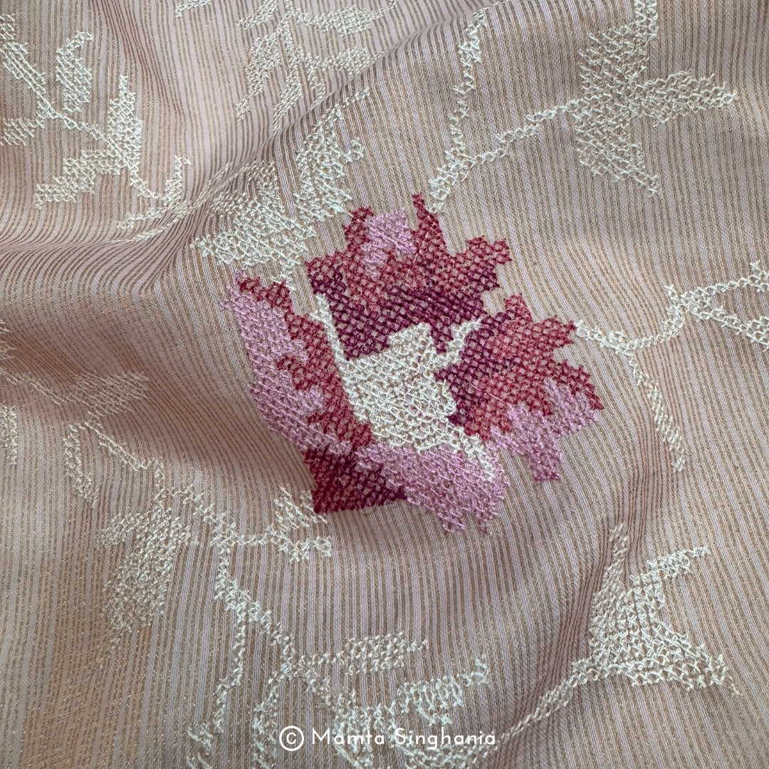 Pink Floral Embroidered Kota Fabric