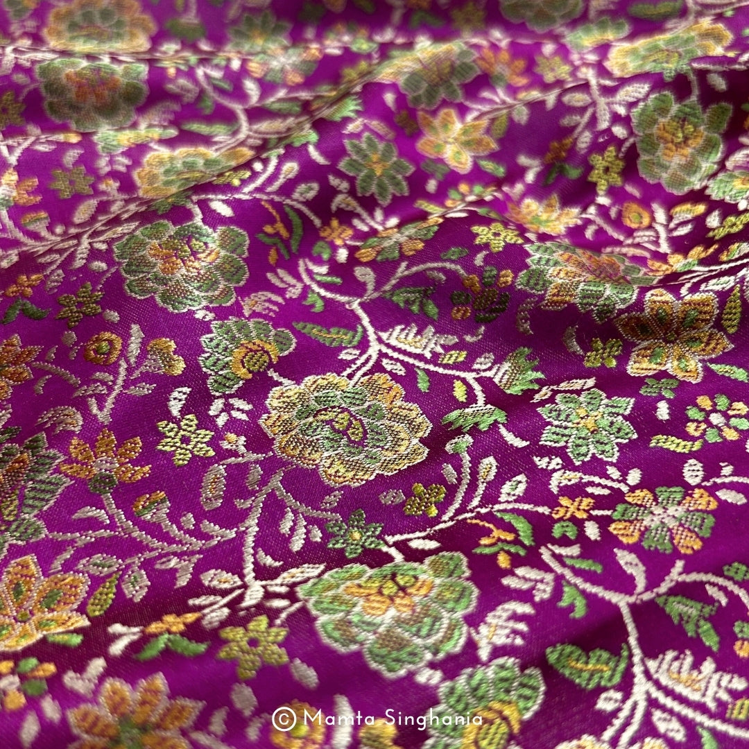 Purple Floral Banarasi Brocade Katan Silk Fabric